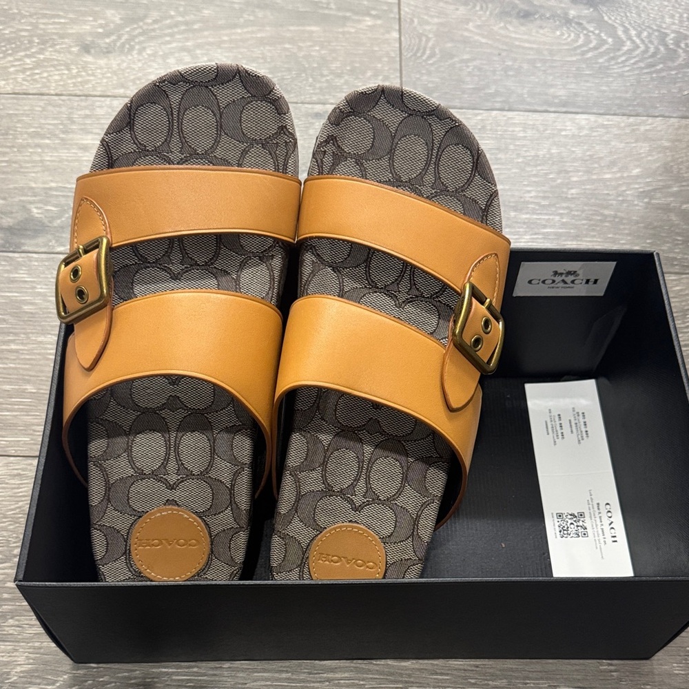 Coach Tan Slides with Gold Buckles